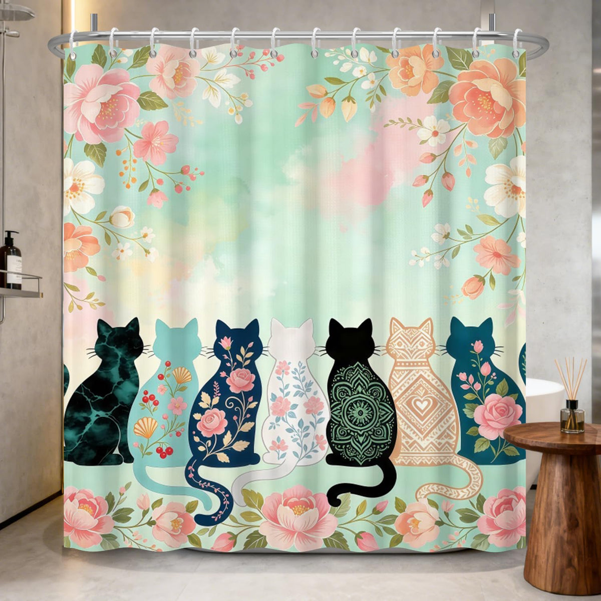 Floral & Cat Shower Curtain for Bathroom (Cartoon Cat)