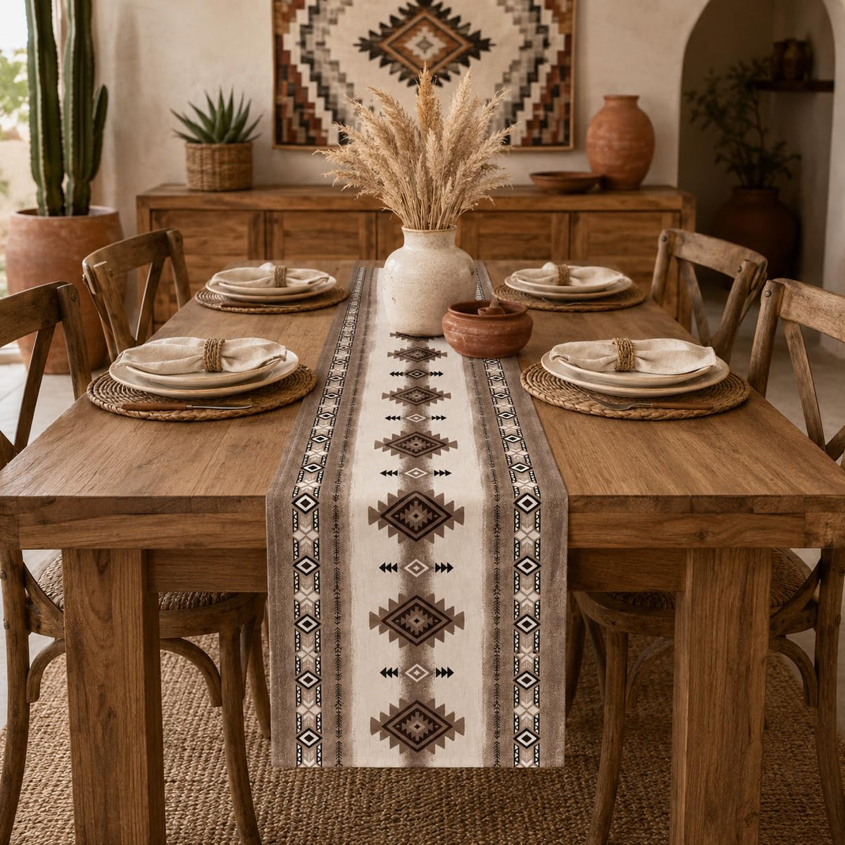 Aztec Geometric Table Runner (13x90inch / Southwestern Brown)