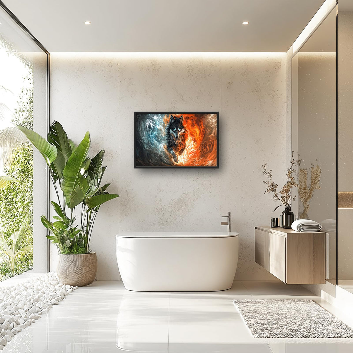 Wolf Large Wall Art Fire and Ice Wolf Framed Wall Decor Abstract Canvas Pictures Painting for Living Room Man Bedroom Bathroom 24"x36" (Fire and Ice Wolf / 36"L x 24"W)