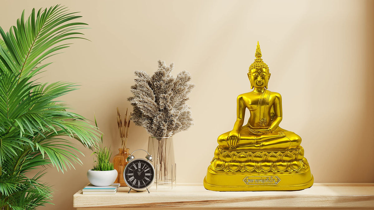Buddha overcoming Temptations 9" H. Gold Thai Buddha Statue for Home Decor Living Room Decor Small Gift Office Gift Sculpture Figurines Zen Altar (Gold)