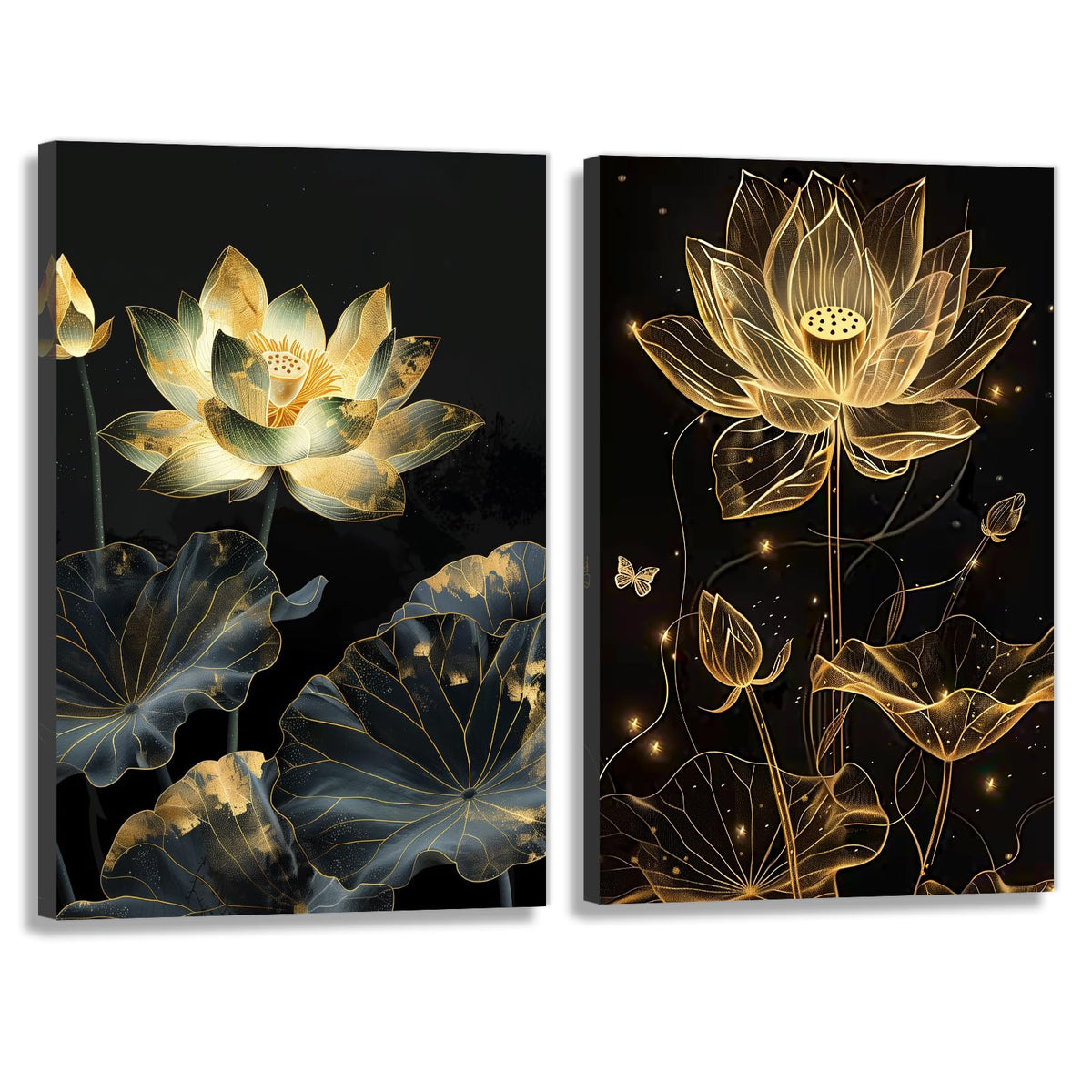 Zen Wall Art 2 Piece Black Gold Lotus Flower Poster Wall Decor Abstract Modern Artwork Zen Decoration for Yoga Spa Room Living Room Decor Framed (Artwork-4 / 12"x16"x2pcs)