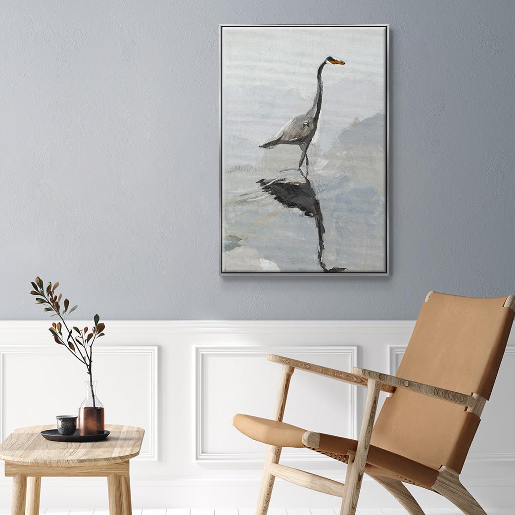 Abstract Nature Art Silver Floater Frame Home Prints Heron Bird in Water Canvas Wall Paintings for Bedroom Classroom Office (25"L x 17"W / Heron)