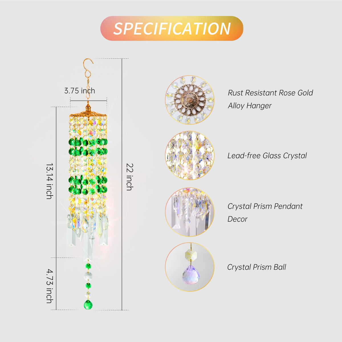Crystal Wind Chimes Rainbow Suncatcher for Window (Green)
