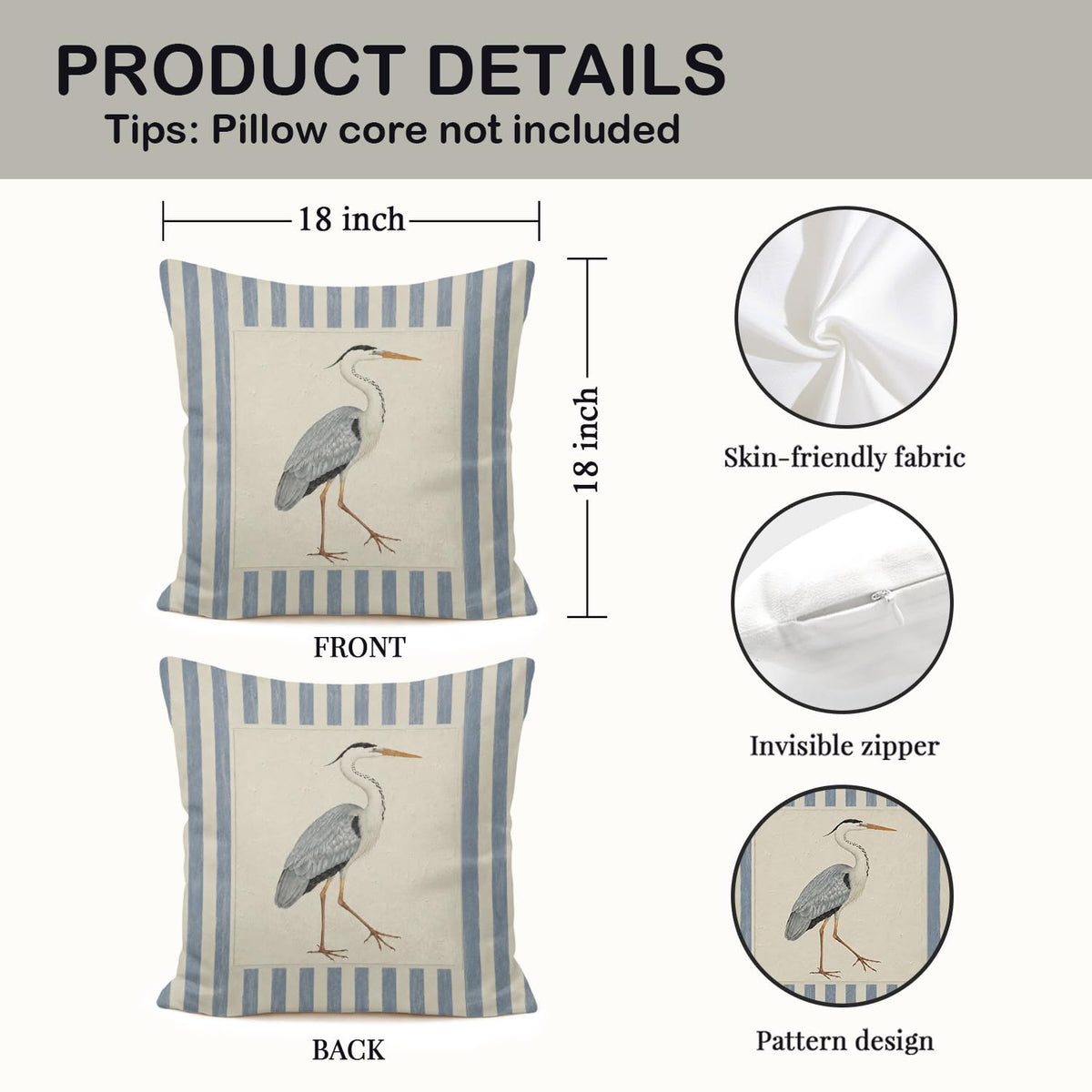 Great Blue Heron Striped Pillow Cover 18x18 (White-blue Heron Bird 18)