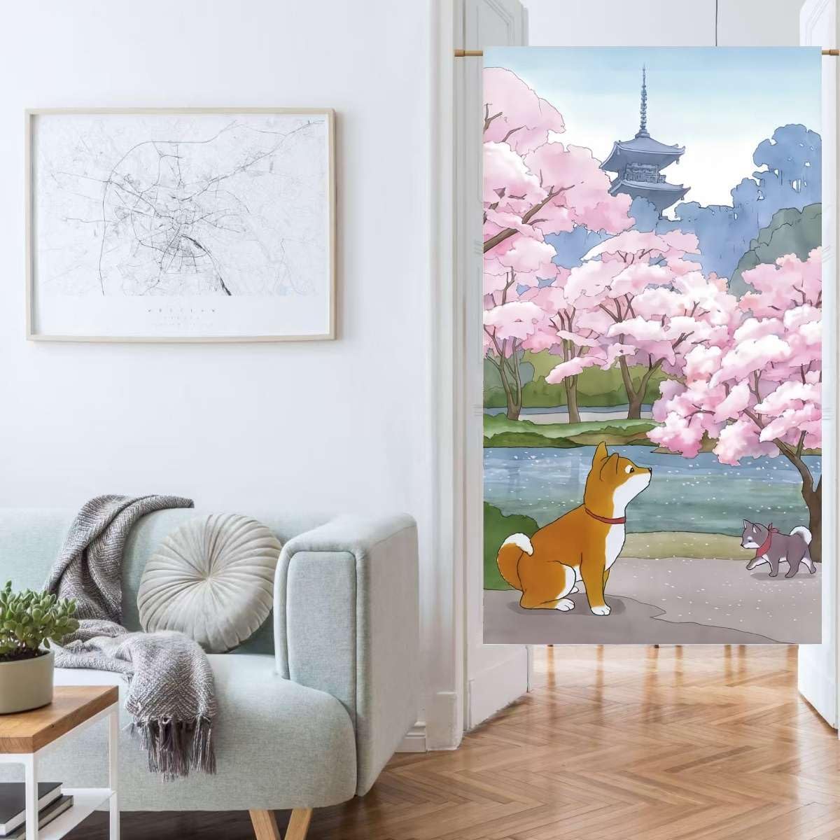 Noren Japanese Doorway Curtain Cherry Blossom Akita Inu Puppy Asian Tapestry Decorations Room Divider Privacy Anime Curtains Oriental Traditional Chinese (Sakura and Akita-dog / 33.5"W x 59"L (Pack of 1))