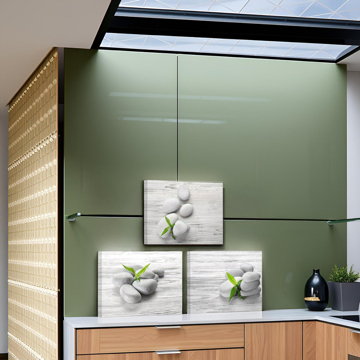 Zen Wall Art SPA Stone Pictures Prints Green Bamboo Bathroom Wall Decor Each Panel 12x16inch (Small)