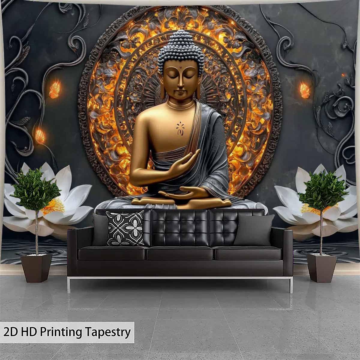 Sitting Golden Buddha Tapestry Wall Hanging Buddhist Statue Tapestries White Lotus Meditation Wall Decor Zen Art Psychedelic Indian Wall Blanket for Bedroom Living Room Home Decor (Grey / 59"L x 51"W)