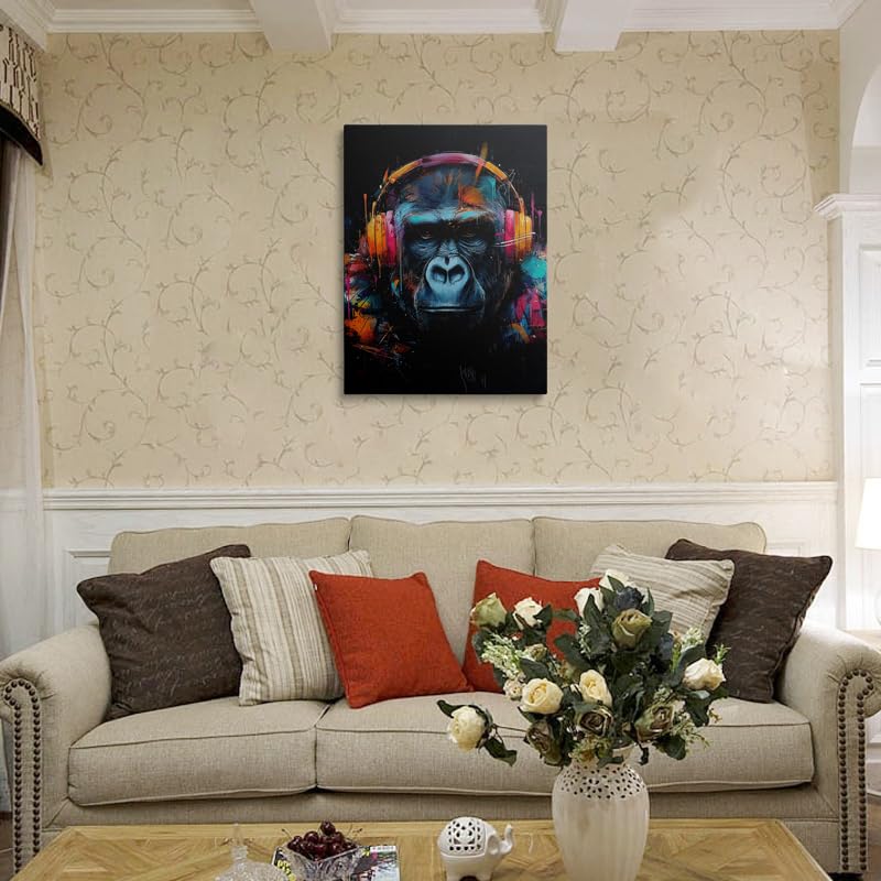 Graffiti Gorilla with Headphones Canvas Wall Art Framed Painting Print Poster Urban Pop Art Neon Pink Orange Blue Teal Splash Music Theme Wall Decor Artwork for Game Room Men Teens 12x16 Inches (gorilla / 16"L x 12"W)