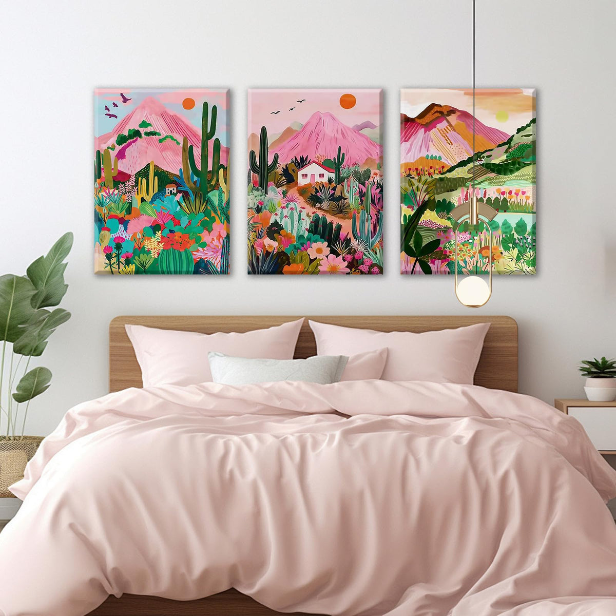 3Pcs Abstract Landscape Wall Art with Vibrant Colors (Pink cactus / 12X16inch)
