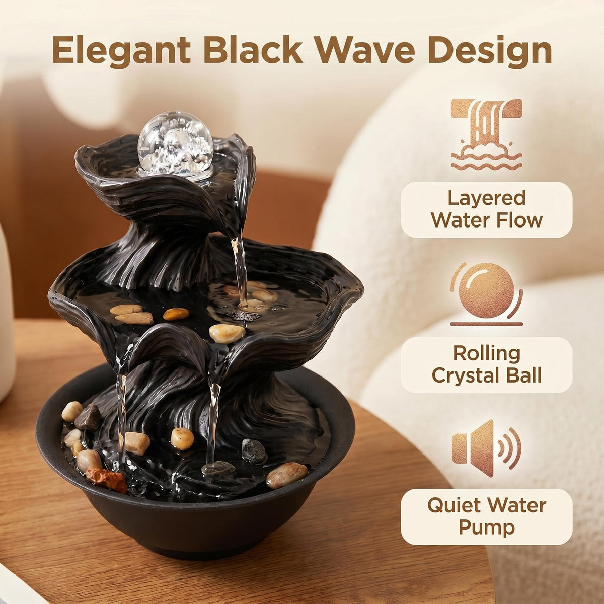 BYVBLETZ Tabletop Water Fountain (Black-crystal Ball-01)