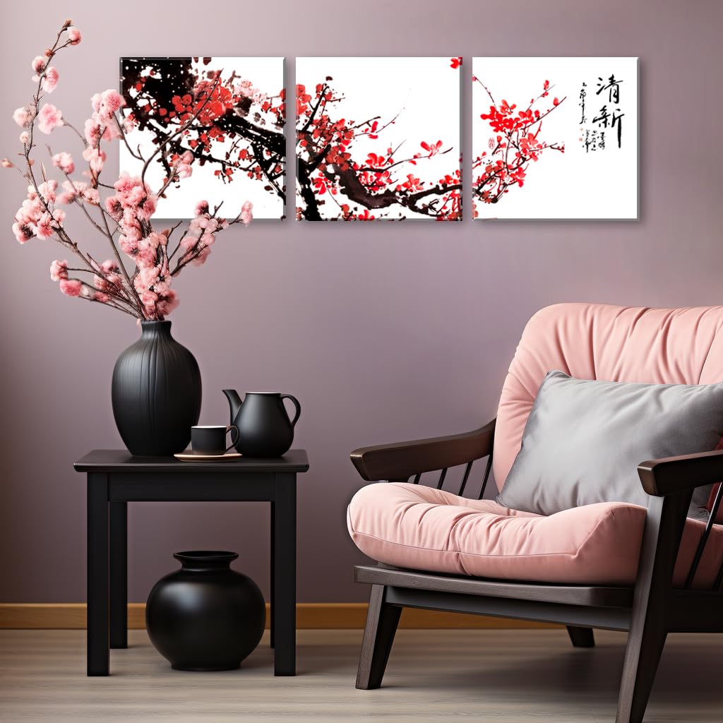 Small Size Traditional Chinese Painting of Red Plum Blossom Canvas Prints 3 Pcs Calligraphy Art Paintings Wall Art Poem Print Painting Framed 14x14inches 3pcs (Pum / 14x14 inches (3 pieces))