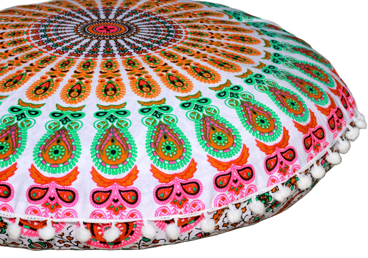 32" in Round Mandala Floor Pillow Cushion Cover Seating Throw Cover Hippie Decorative Bohemian Ottoman Poufs Pillow Cover Cases Boho Cotton Living Yoga Home Décor Room (Mustard Mirchi)