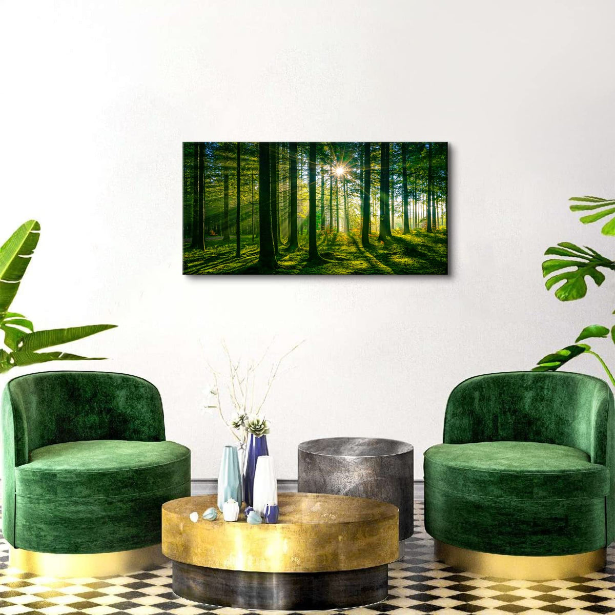 Forest Canvas Wall Art Green Mountain Wall Decor Tree Forest Landscape Prints Pictures Nature Woodland Sunrise Scenery Posters Paintings Modern Artwork for Living Room Bedroom Home Decorations 24x48” (48"L x 24"W / Green Forest)