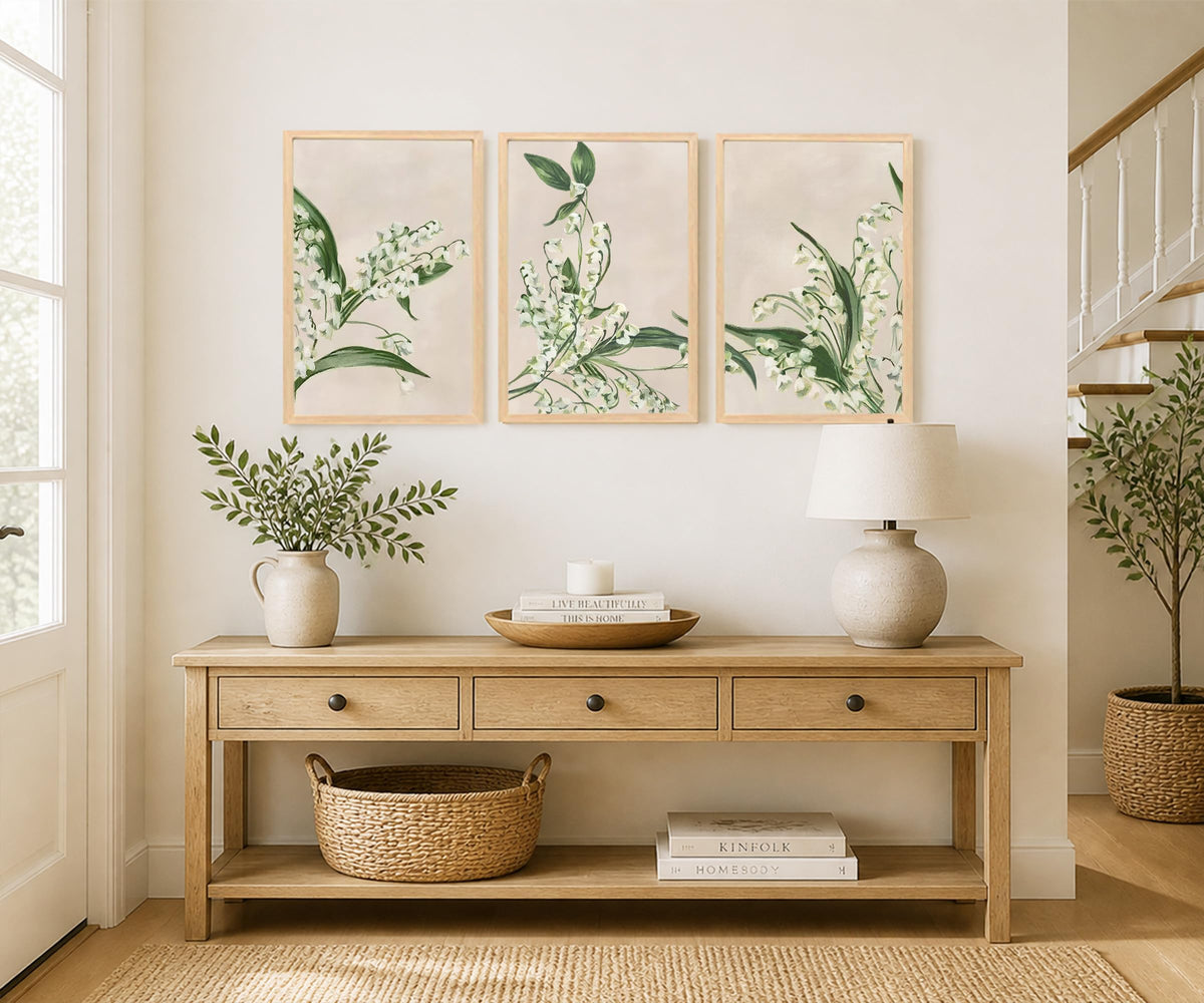 Japandi Floral Wall Art Set of 3 Neutral Green Botanical Print (Lily Of The Valley / 16 X 24 Inches)