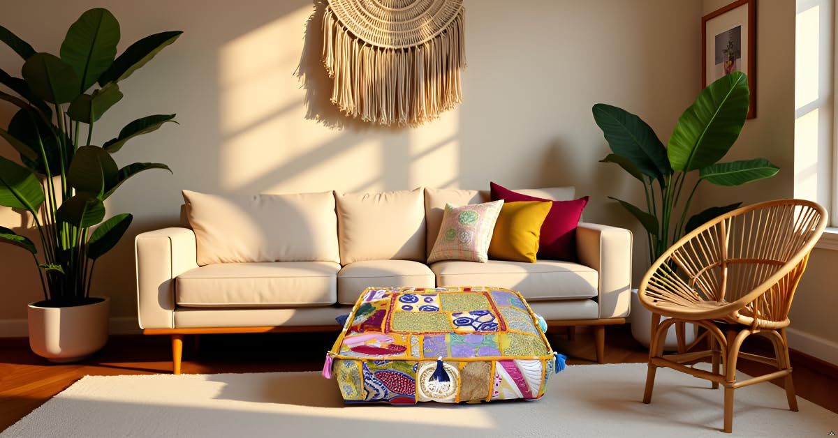Indian Square Patchwork Traditional Pouf Cover Indian Living Room Poufs Decorative Embroidered Designer Ottoman Home Living Footstool Chair Cover Decor Pillow Cover 16x16x5 inches (16"D x 16"W x 5"H / Yellow)