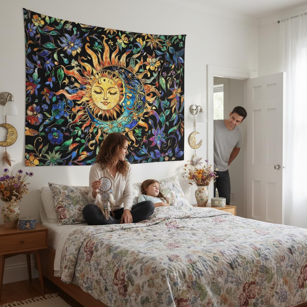 Sun and Moon Tapestry for Bedroom Boho Hippie Floral Wall Tapestry Aesthetic Vintage Stained Glass Plant Small Tapestries Wall Hanging for Living Room Dorm 48 x 36 Inch (Stained Glass Orange / 48"L x 36"W)