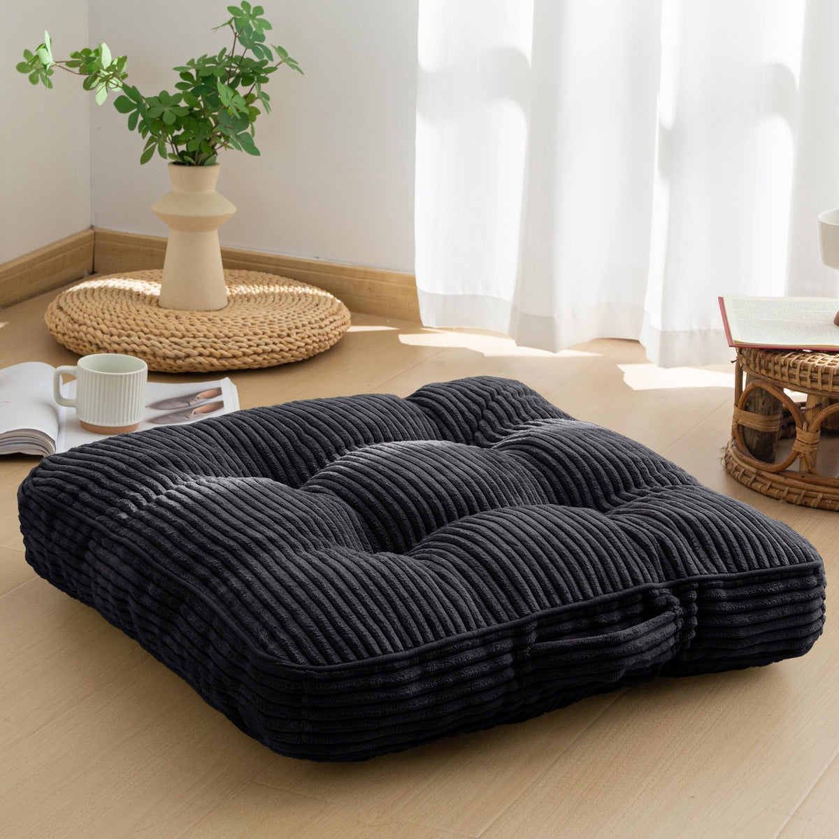 Floor Pillow Cushion for Adults (Square Black / 4" Thick(Pack of 1))