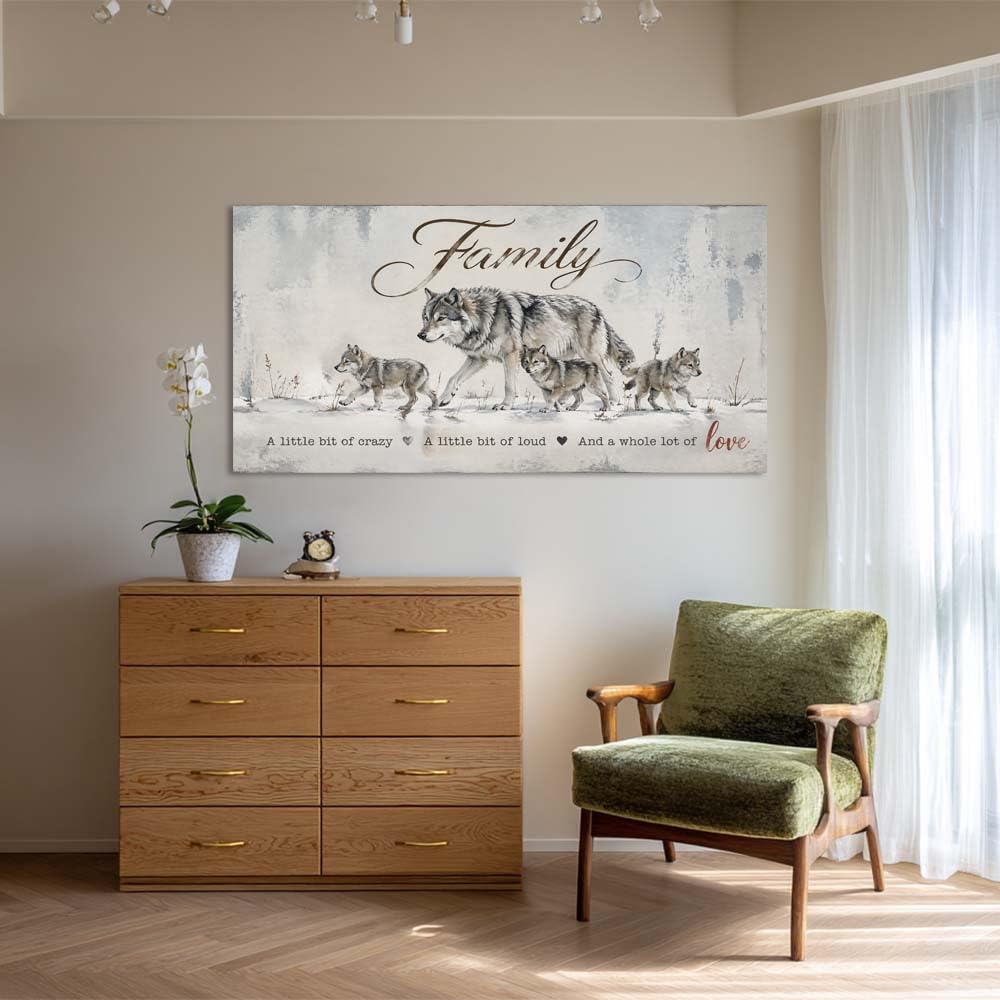 Wolf Family Canvas Wall Art Rustic Farmhouse Winter Wildlife Painting with Inspirational Quote Flat Print Gallery Wrapped Artwork for Living Room Bedroom Bathroom Decor (Retro / Wolf Family 30 / 58"L x 28"W)