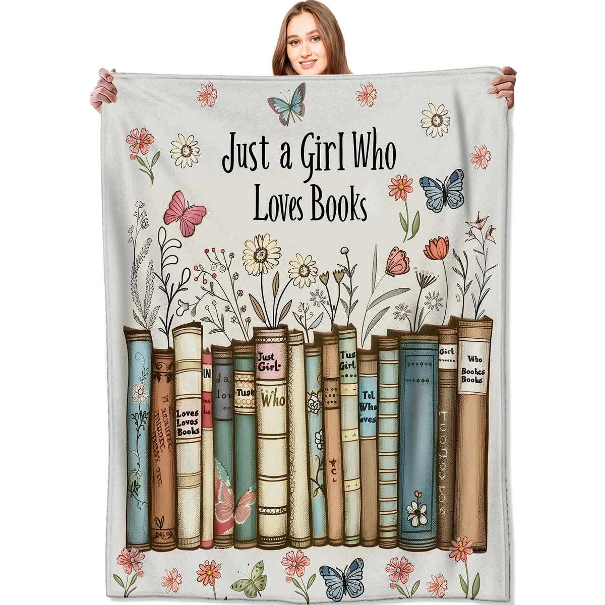 Just a Girl Who Loves Books Blanket Reader Floral and Butterfly Throw Blankets (60x80in / Just a Girl Who Loves Books)