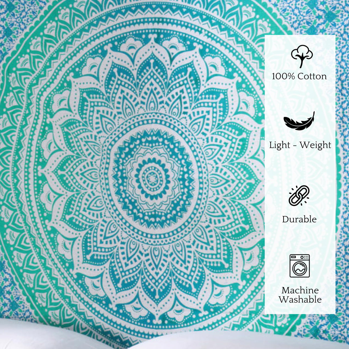 Wall Hanging Mandala Tapestry Sea Green for Bedroom and Living Room Decor Boho Bohemian Wall Hanging Cotton Tapestries 84x54 Inch (Sea Green / 84"L x 54"W)
