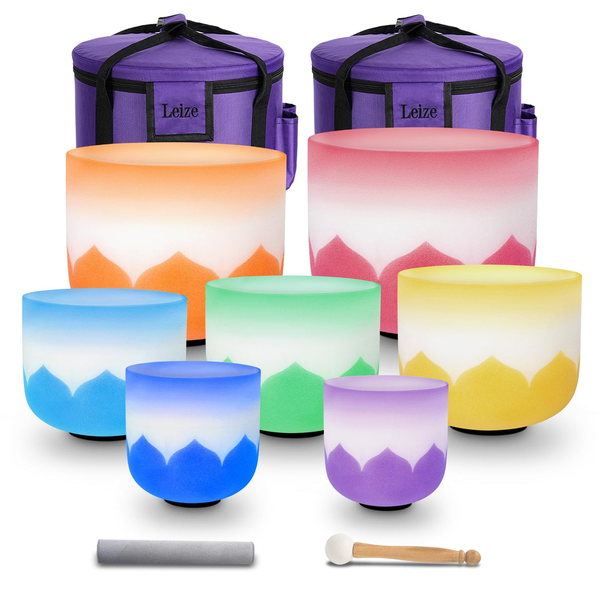 6 12 inch Lotus Design Colored Rim Chakra Tuned 432hz Set of 7 Quartz Crystal Singing Bowls with Heavy Duty Carrying Cases and Singing Bowl Mallet Suede Strikers (Set of 7, 6-12 inches / Lotus design with colored edge)