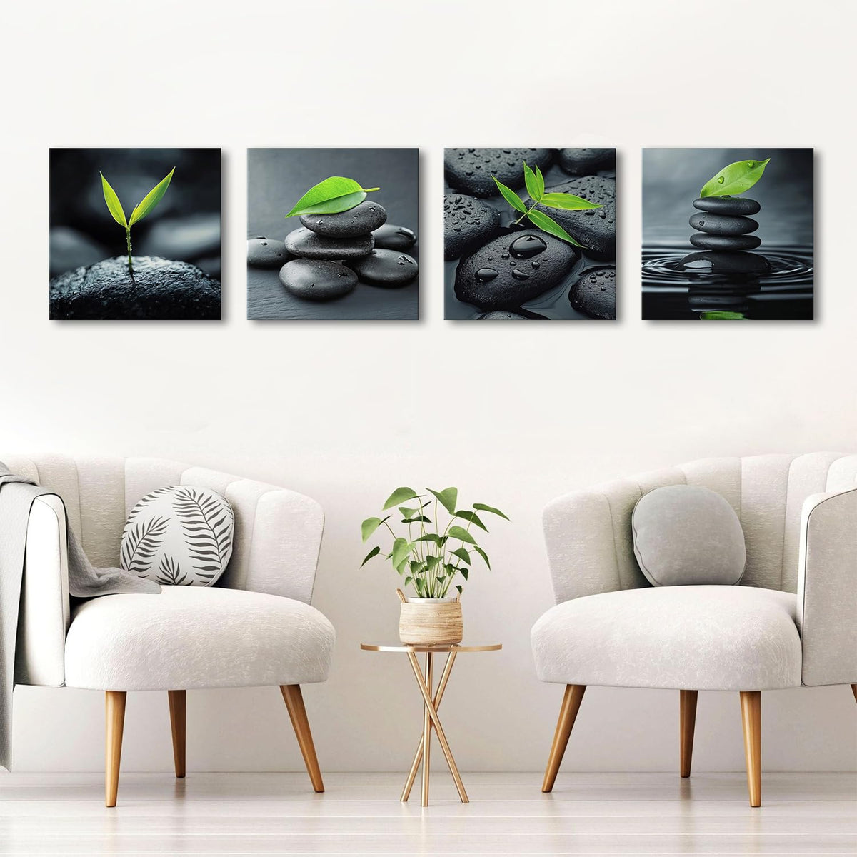 Zen Wall Art Black Pebble Stone in Water Pictures Bathroom Wall Decor Green Plant Bamboo Leaves Canvas Prints Living Room Calming Still Life Modern Artwork Bedroom Meditation Home Decoration 12x12" 4P (12"L x 12"W / Zen)
