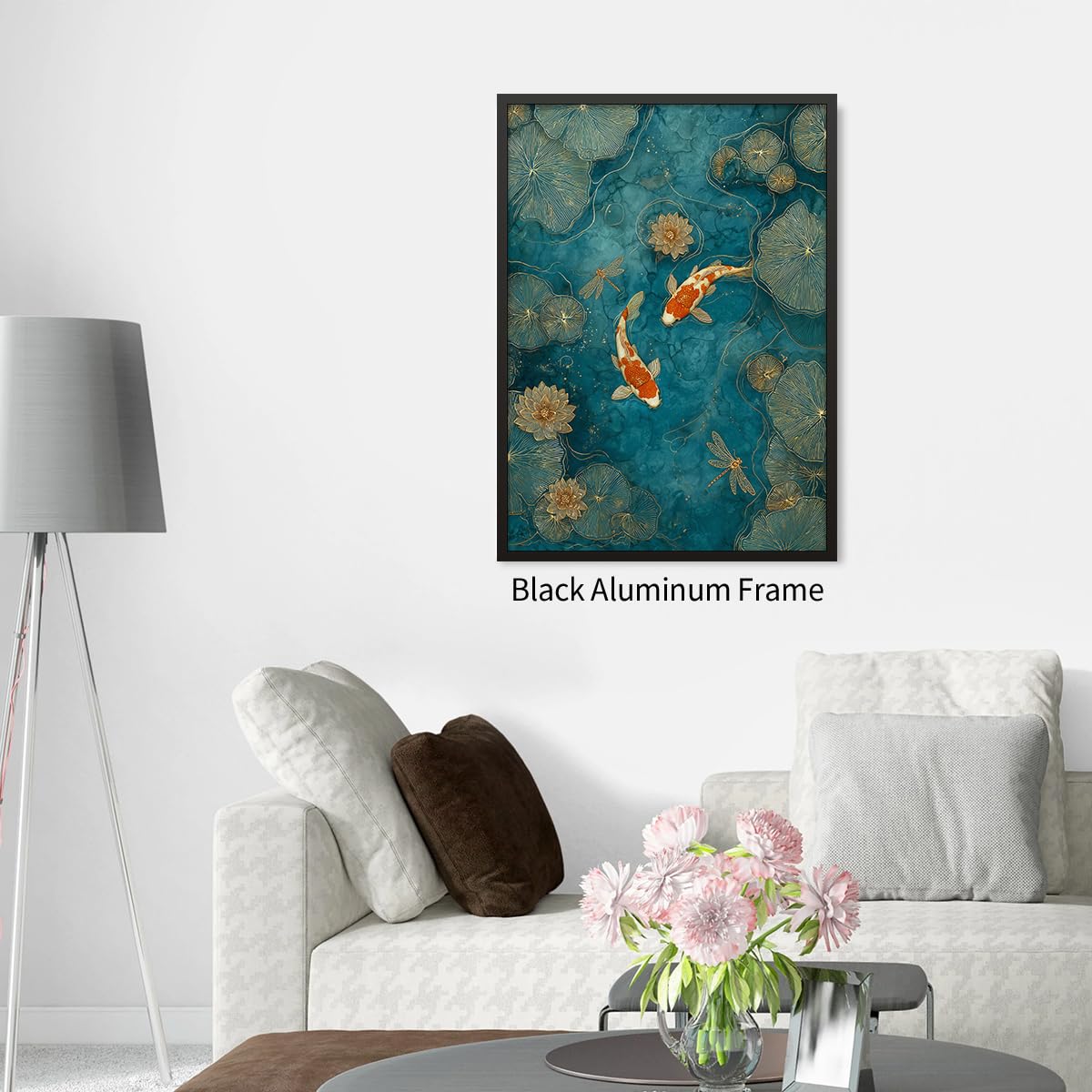 Japanese Koi Fish Zen Black Framed Canvas Wall Art Traditional Oriental Asian Prints 16x20 inch Elegant Emerald Green Pond Koi Fish Posters for Office Home Bedroom Meditation Yoga Spa Room Decor (Black Framed / Japanese Posters / 20"L x 16"W)