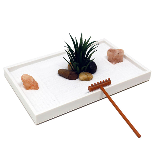 Mini Zen Garden Kit for Desk with White Sand (Rectangle)