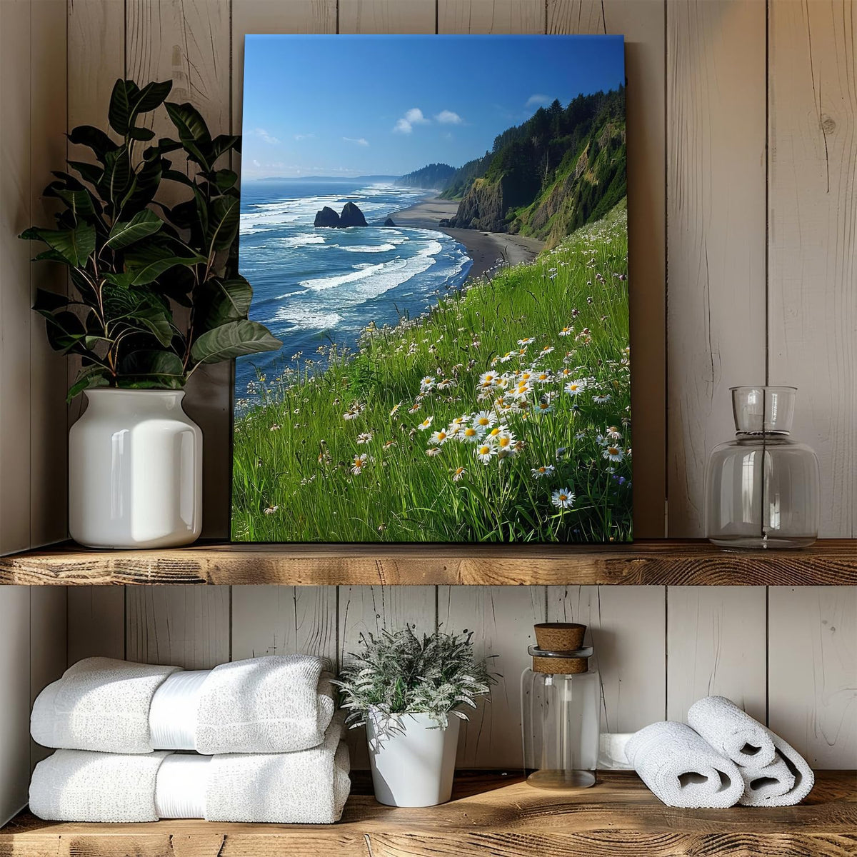 Beach Wall Art Coastal Wall Decor Daisy Flowers Pictures Mountain Cliffs Canvas Prints Blue Ocean Wave Scenery Poster Nature Seascape Painting Artwork for Bedroom Living Room Home Decoration 12x16" (16"L x 12"W / Seaside Cliffs)