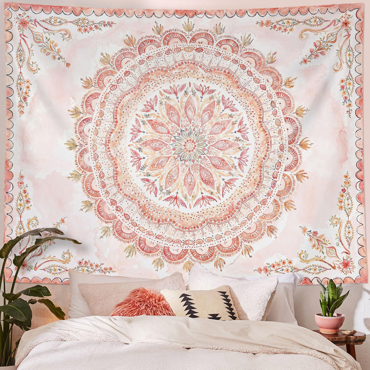 Boho Floral Mandala Tapestry Wall Hanging Pink Bohemian Flower Medallion Tapestry Aesthetic Watercolor Hippie Indian Large Tapestries for Bedroom Living Room Dorm Decor 80 x 60 Inch (Pink / 80"L x 60"W)