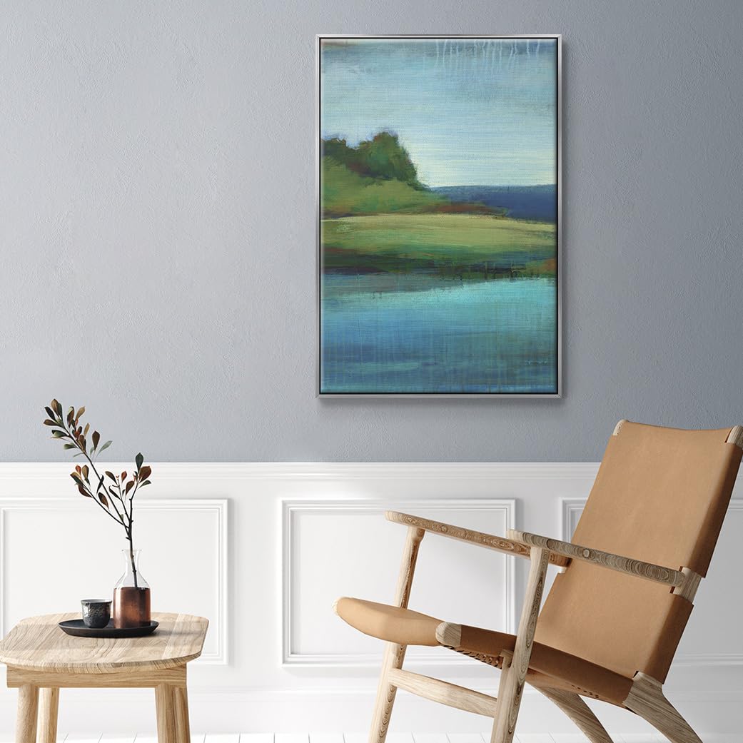 Canvas Nature Wall Art Home Paintings & Prints Green Calm Valley along Lakeside Abstract Silver Floater Frame Decorations for Office Kitchen Living Room (41"L x 27"W / Silent Lakeside I)