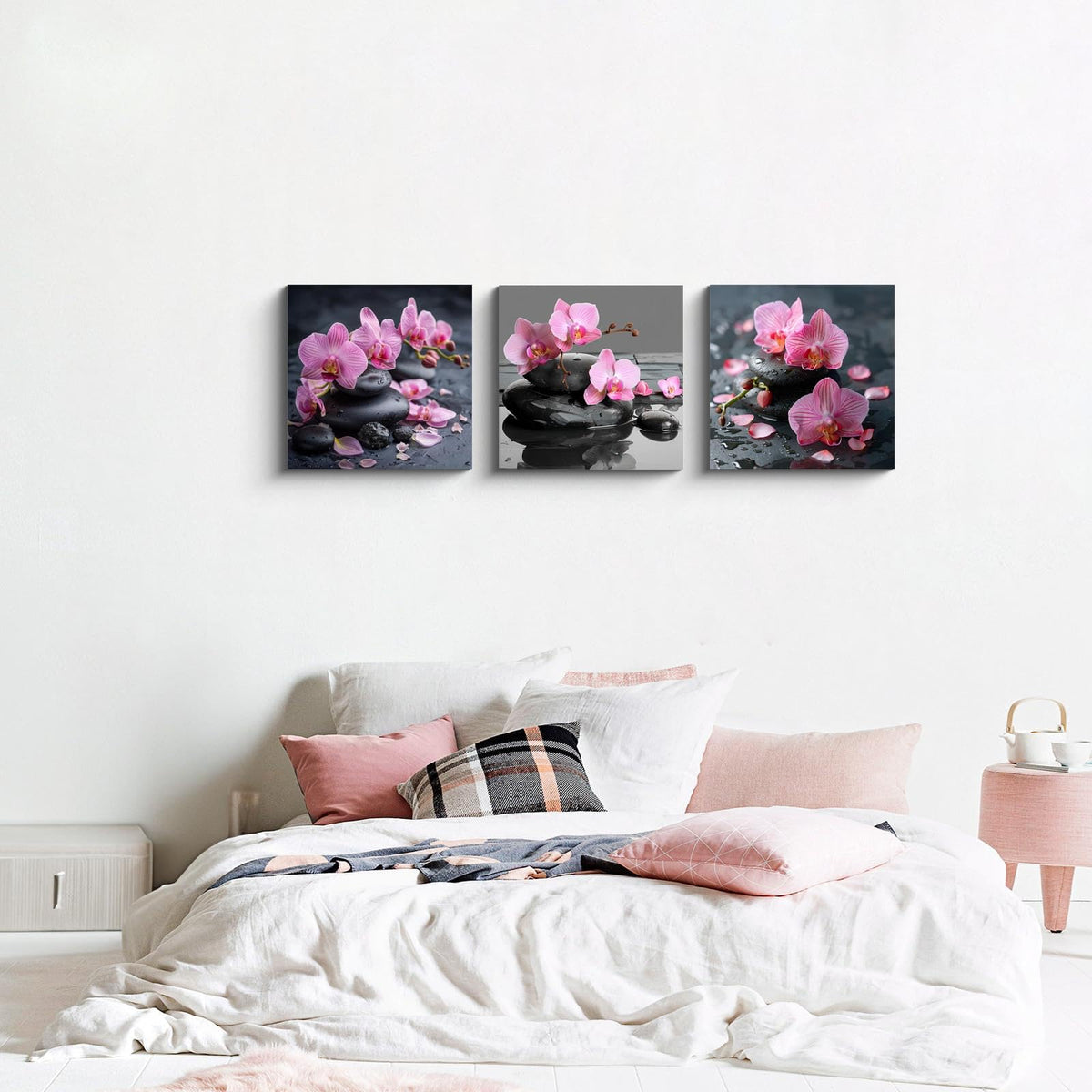 3PCS Zen Spa Canvas Wall Art Pink Orchid Flower and Black Massage Stones Print Modern Botanical Floral Artwork Relaxation Theme Wall Decor for Bathroom Bedroom Home Spa Salon Decor (14X14inchX3pcs / Pink Orchid and Black Massage Stones)