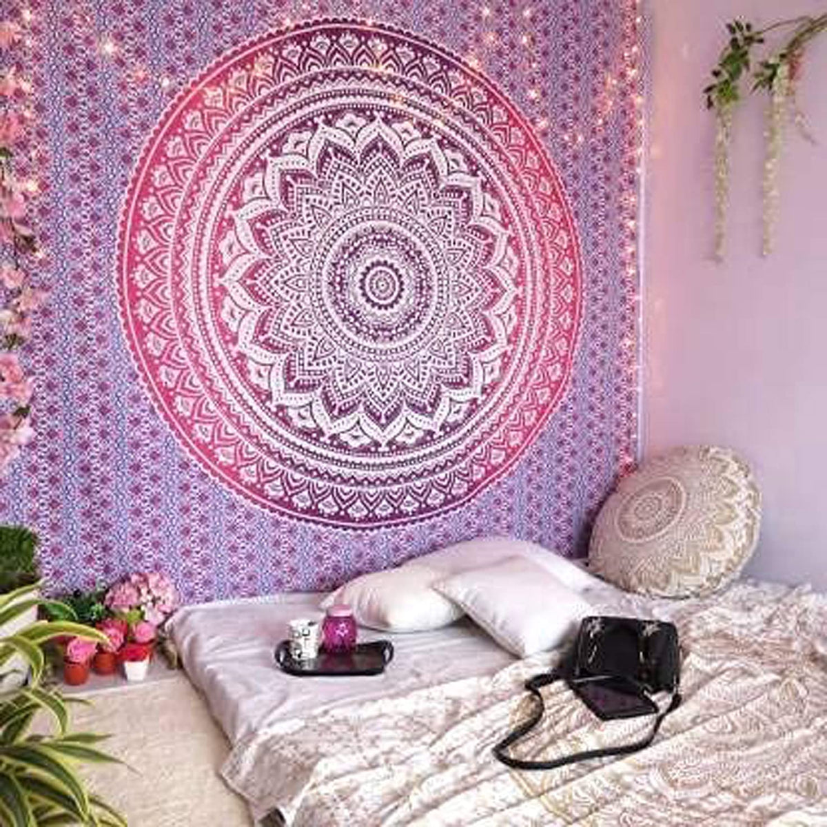 Indian Cotton Pink Purple Tapestry Mandala Wall Hangings (Pink Ombre / 40"L x 30"W)