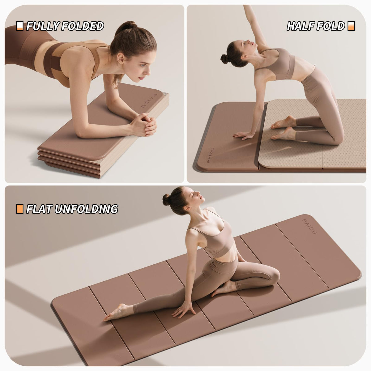 Foldable Yoga Mat 10MM Thick SGS Certified TPE 75x26" Portable (Brown + apricot)