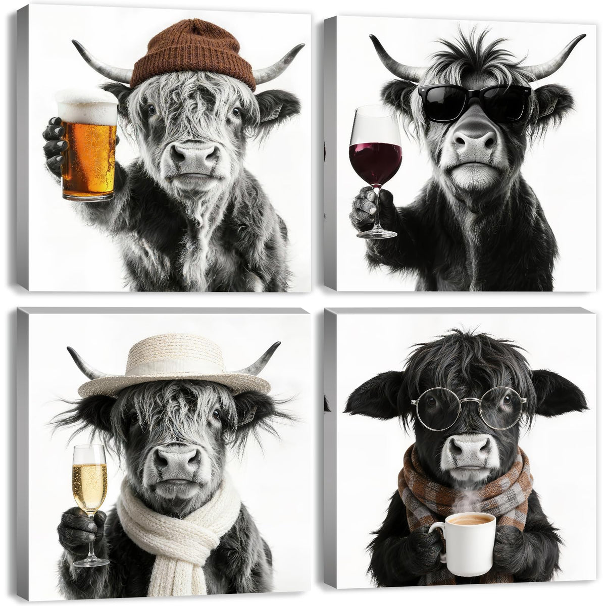 Funny Highland Cow Wall Art Cowboy Wall Decor Farmhouse Kitchen Decor Vintage Black and White Animals Pictures Canvas Prints Humor Cows Theme Paintings Posters Artwork Home Decorations 12x12” 4P (12"L x 12"W / Cow Drink)