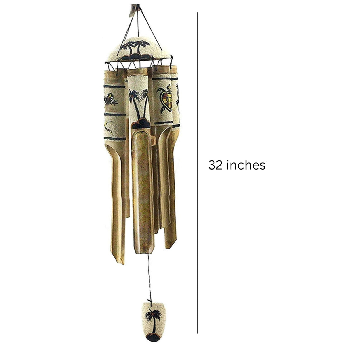 24629 Bamboo Wind Chimes Sea Sand Art Painting Palm Coconut Tree Gecko Sea Turtle Handmade Windchimes Outdoor Garden Patio Gifts 32 Inch (Black Sand)