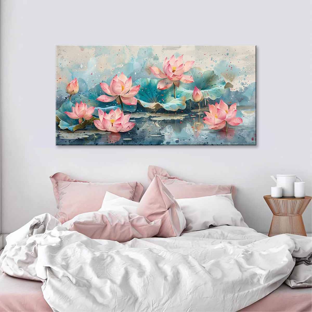 1Pcs Pink Lotus Flowers Canvas Prints Wall Art Green Leaves and Blooming Water Lilies Framed Wall Decor Ready to Hang Nature (Pink Lotus-One Piece / 40"L x 20"W)