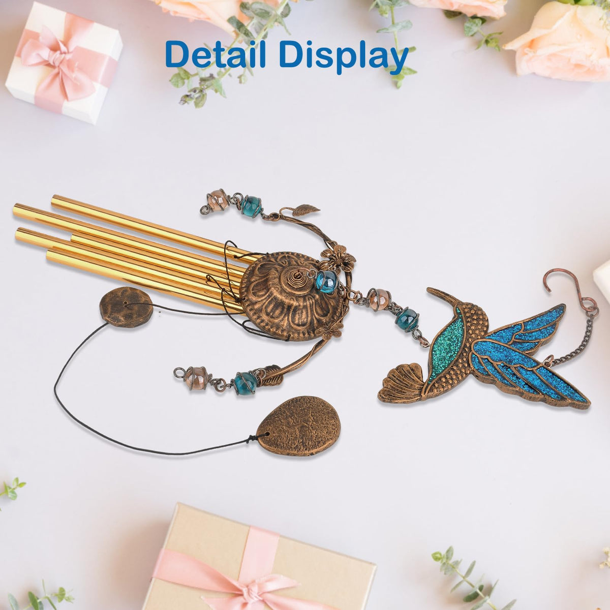Hummingbird Wind Chimes for Outside (Blue Hummingbird)
