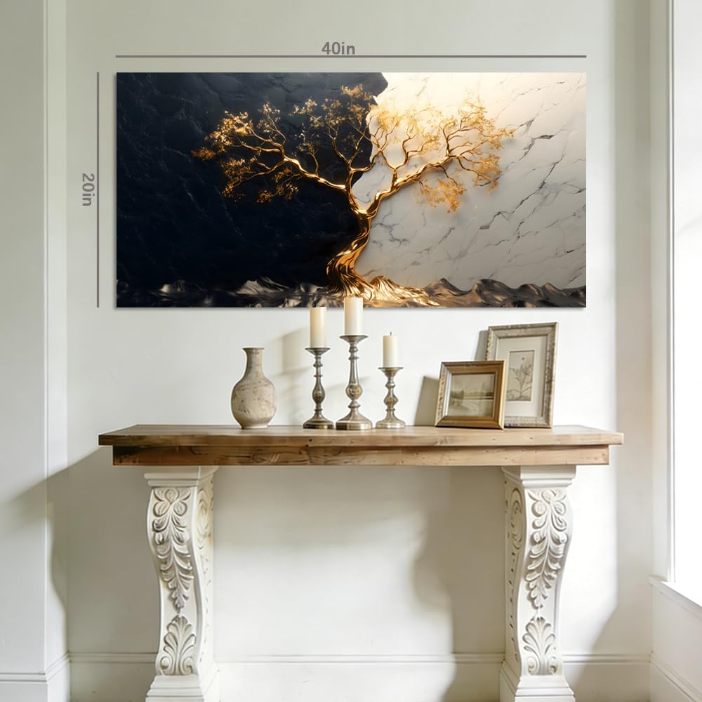 Black and White Marble Gold Tree of Life Canvas Wall Art Modern Abstract Luxury Painting Flat Print Gallery Wrapped Artwork for Living Room Bedroom Bathroom Decor (Bohemian / Black Golden Tree 29 / 40"L x 20"W)