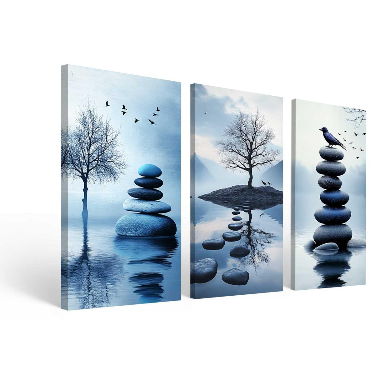 Set of 3 Zen Bathroom Canvas Wall Art Prints Blue Zen Stone & Bird Poster Water Lily with Butterfly Paintings Picture Yoga Meditation Artwork Spa Room Decor (Blue / 20x10inx3 Pieces)