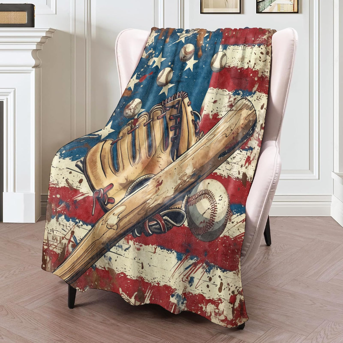 Baseball American Flag Flannel Blanket 40x50in (40x50 Inch / Baseball 01)