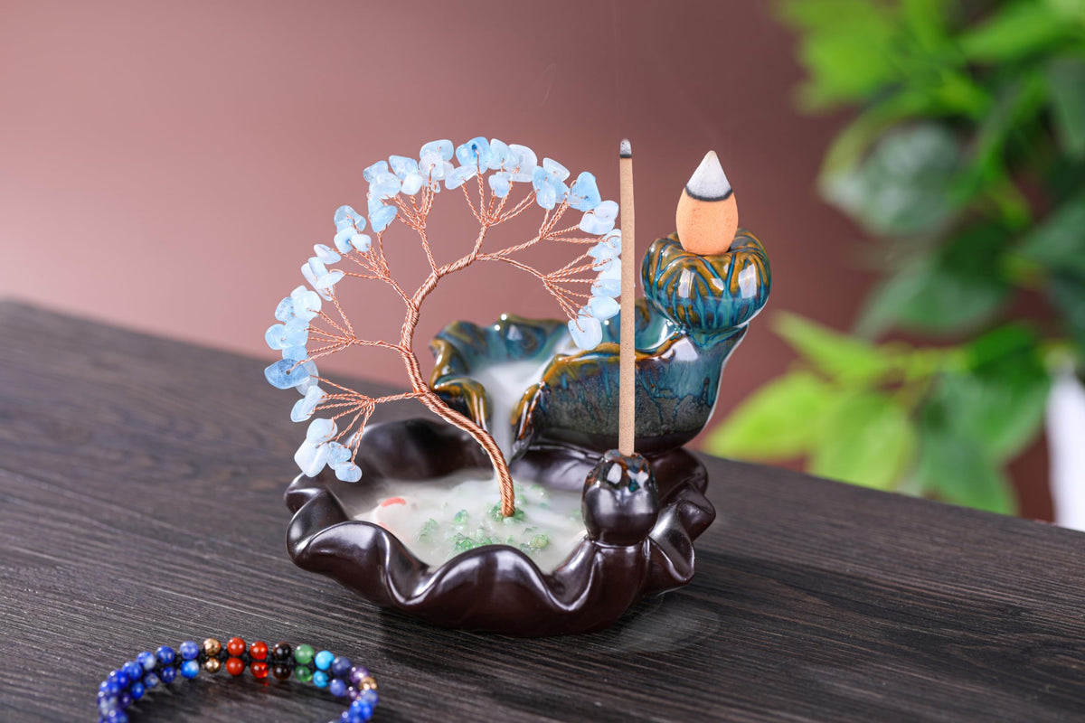 Aquamarine Tree Backflow Incense Holder Ceramic Incense Waterfall (Aquamarine)