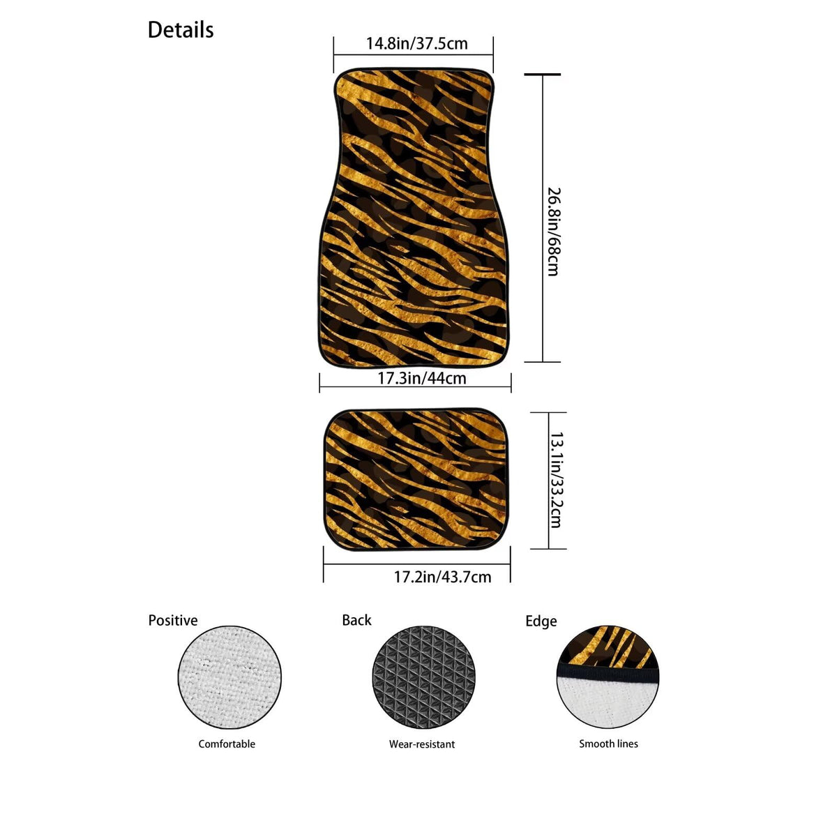 Tiger Print Car Floor Mat Full Set Gold Automotive Floor Mats Tiger Print Cars Carpet Mat Set 4 Piece Cars Foot Pads Animal Texture Car Interior Accessories (Gold Tiger Print)