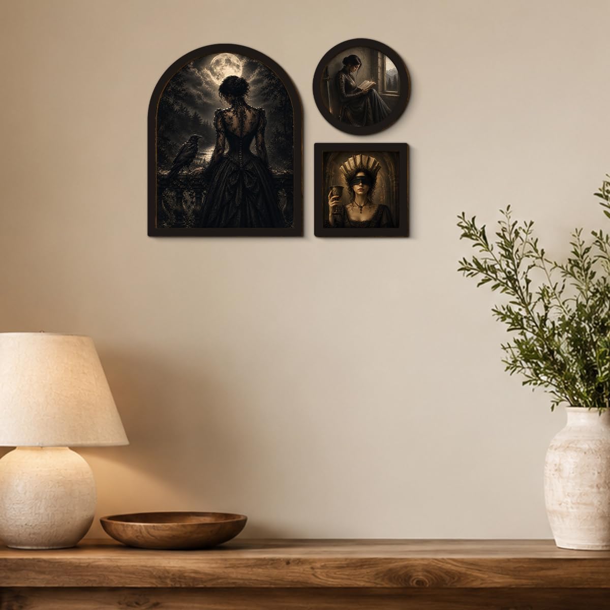 3 Pcs Gothic Raven Woman Wall Art Sign Framed Moonlit Victorian Decor (Dark-01)