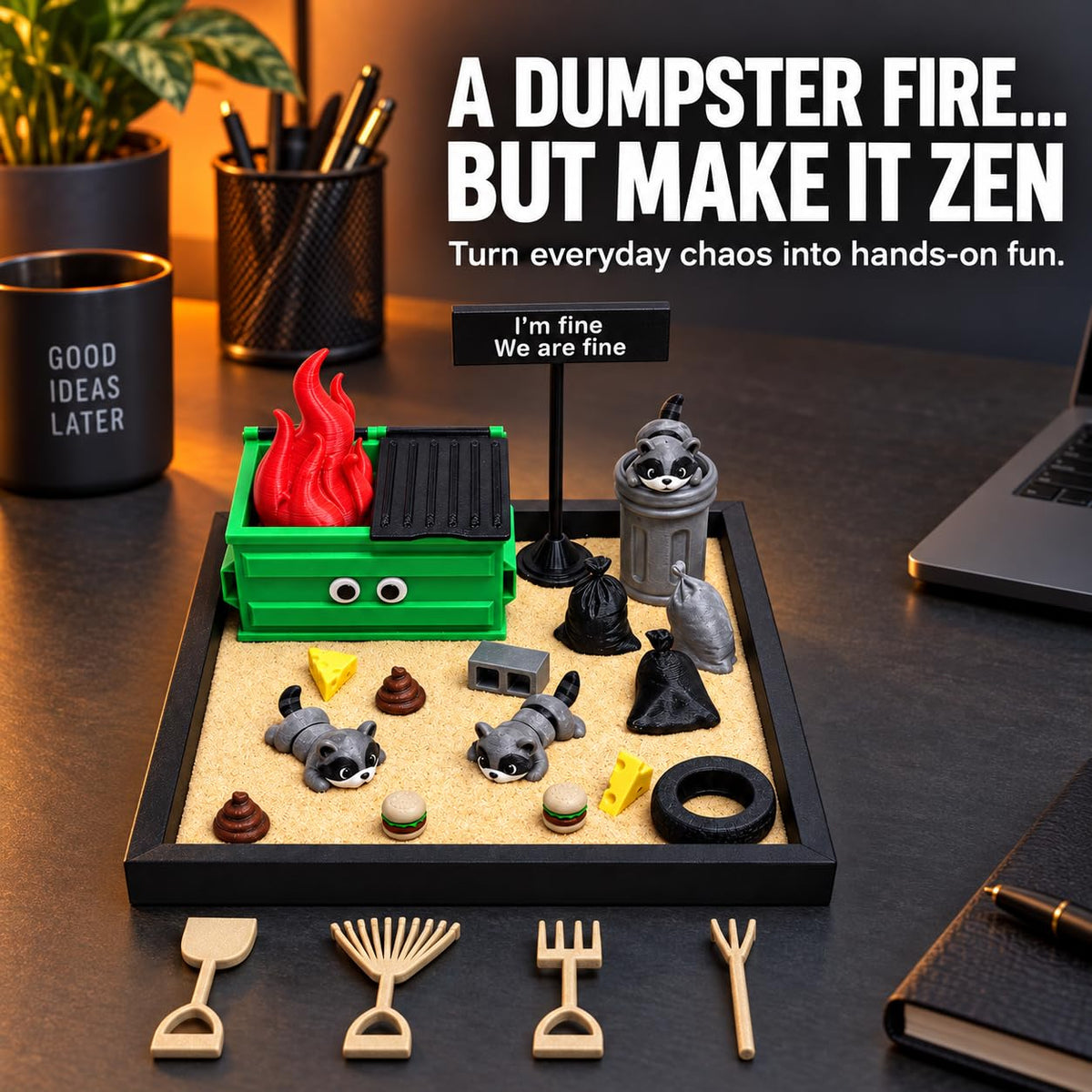 Dumpster Fire Zen Garden for Desk with Large 7.48 x 7.48 Inch Tray and Rake (Black)