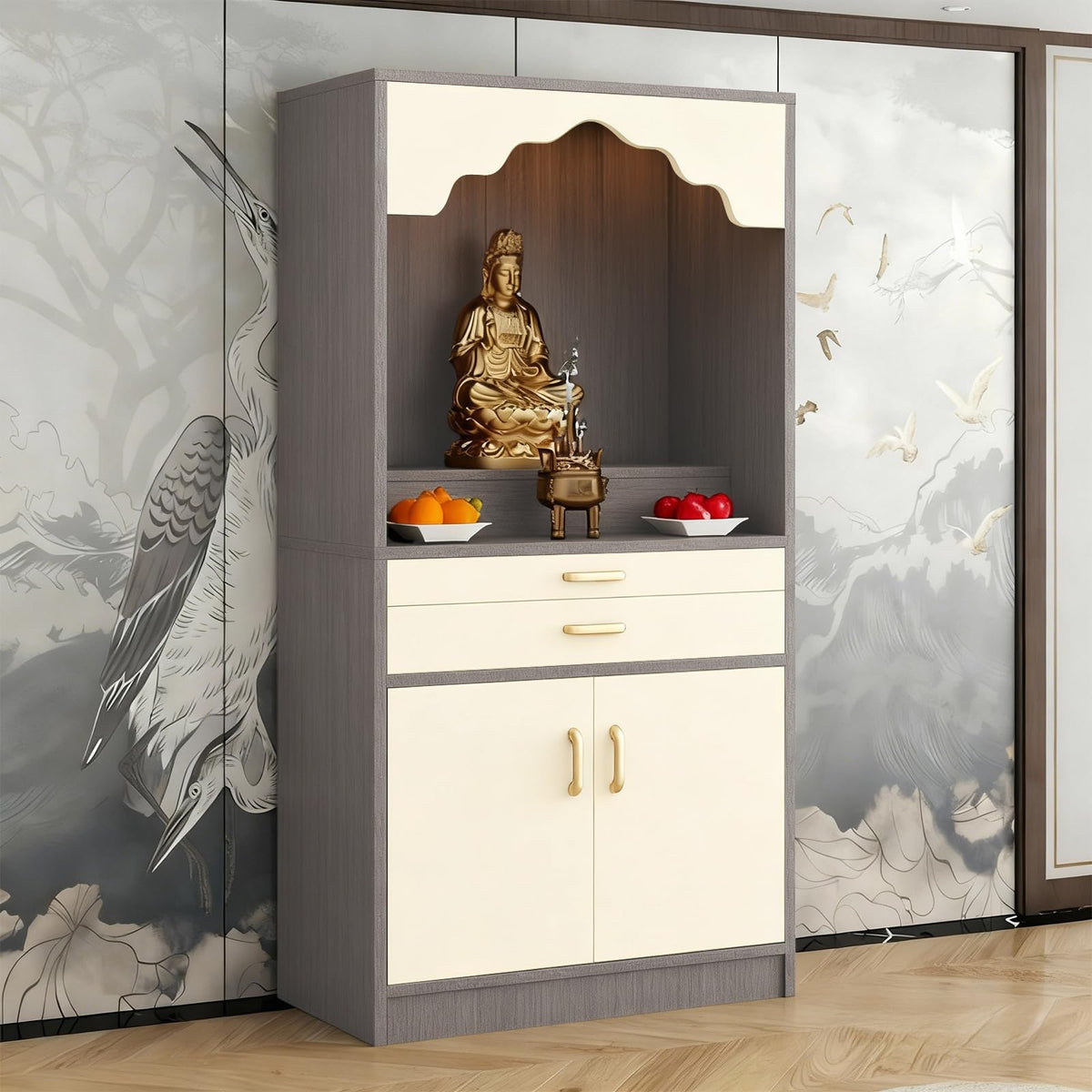 Altar Table Wood Meditation Prayer Table (Beige + Dark Gray Wood / 27.6" x 15.7" x 63.8")