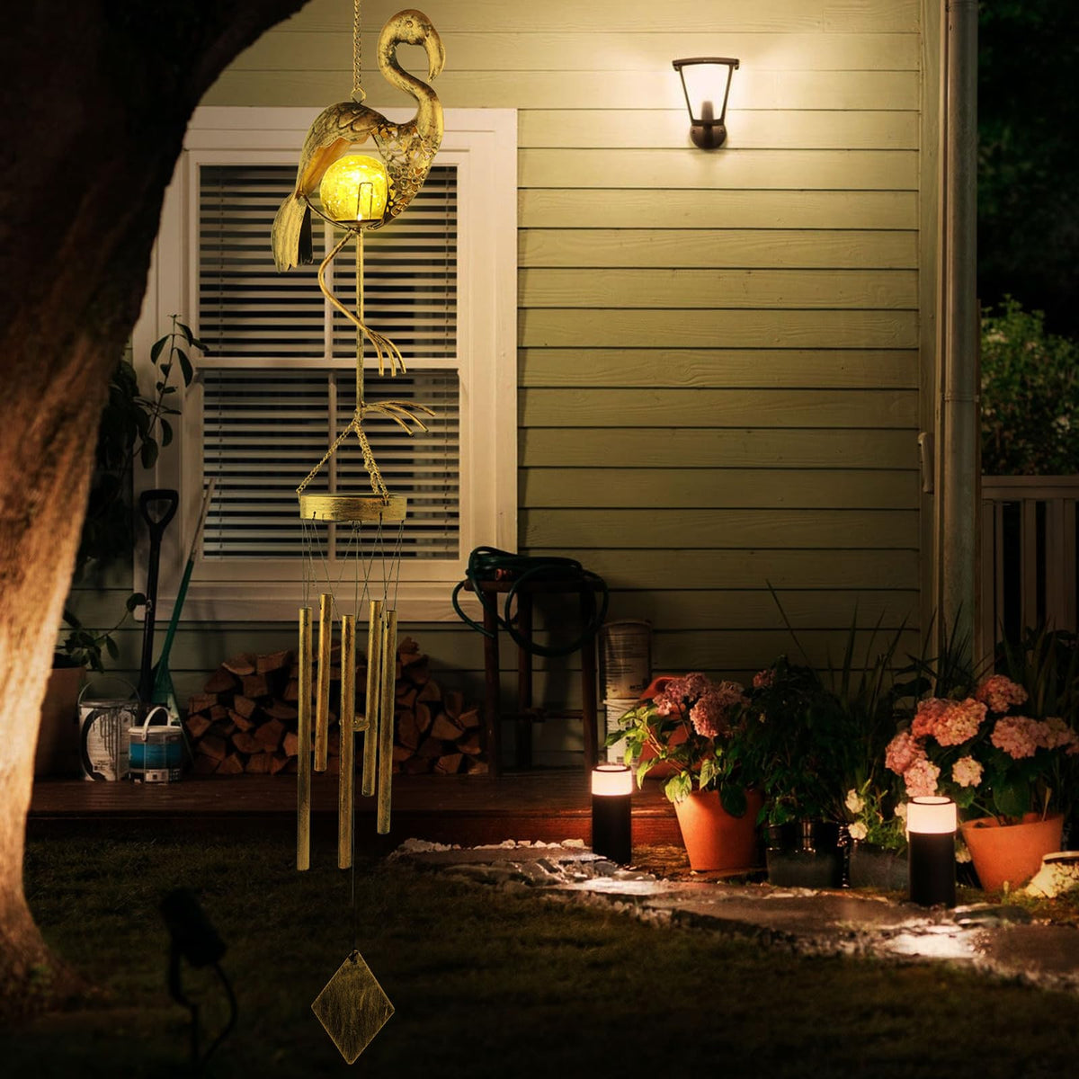 Flamingo Solar Wind Chimes for Outside Gifts for Women Mom Grandma Sister Crackle Glass Ball Flamingo Wind Chimes Solar Lights Outdoor Decor for Garden Backyard Patio Yard Porch (Flamingo)