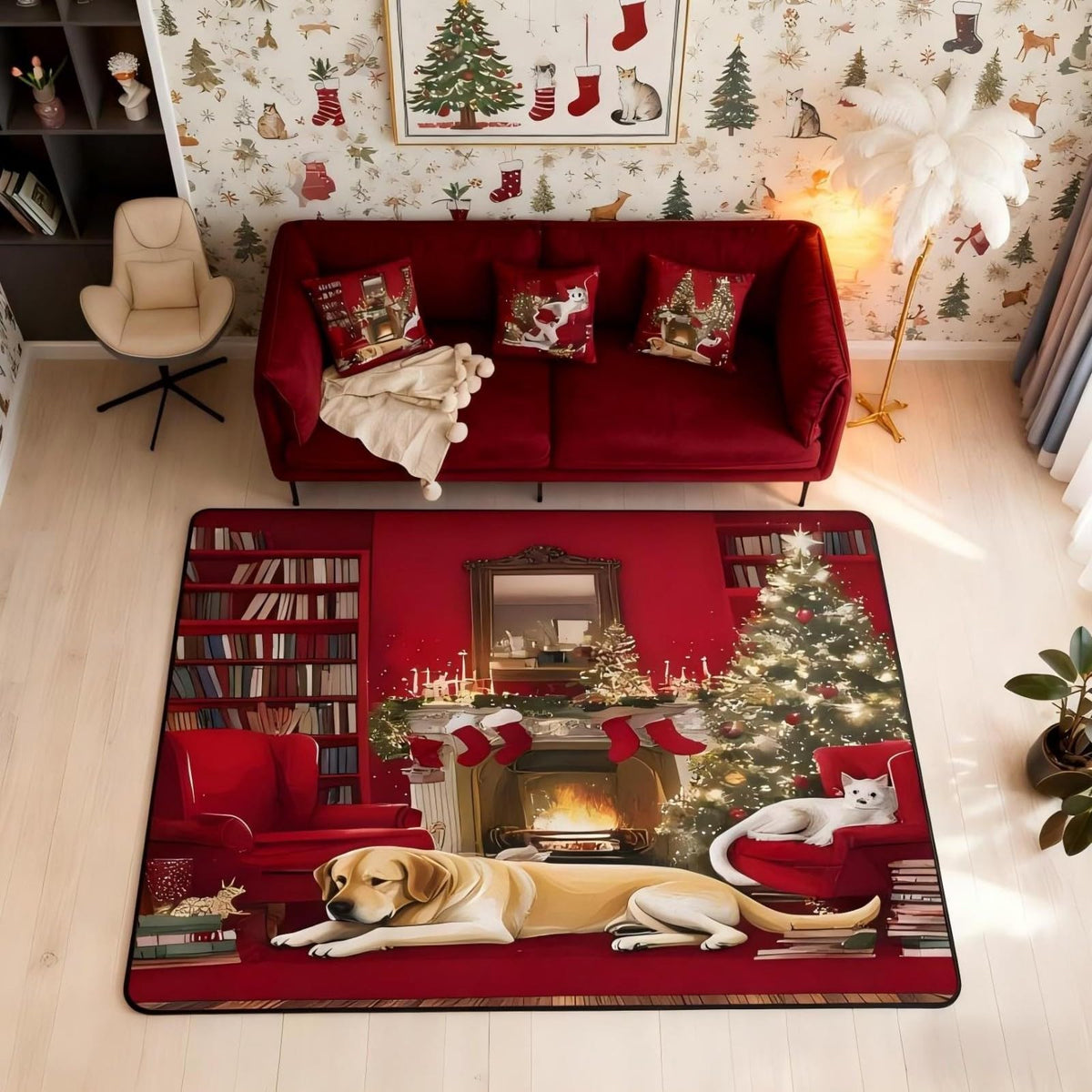 Merry Christmas Area Rug 3x5 Puppy Christmas Tree Rugs for Living Room (Red Green White / 3'3" x 4'11" (Rectangular))