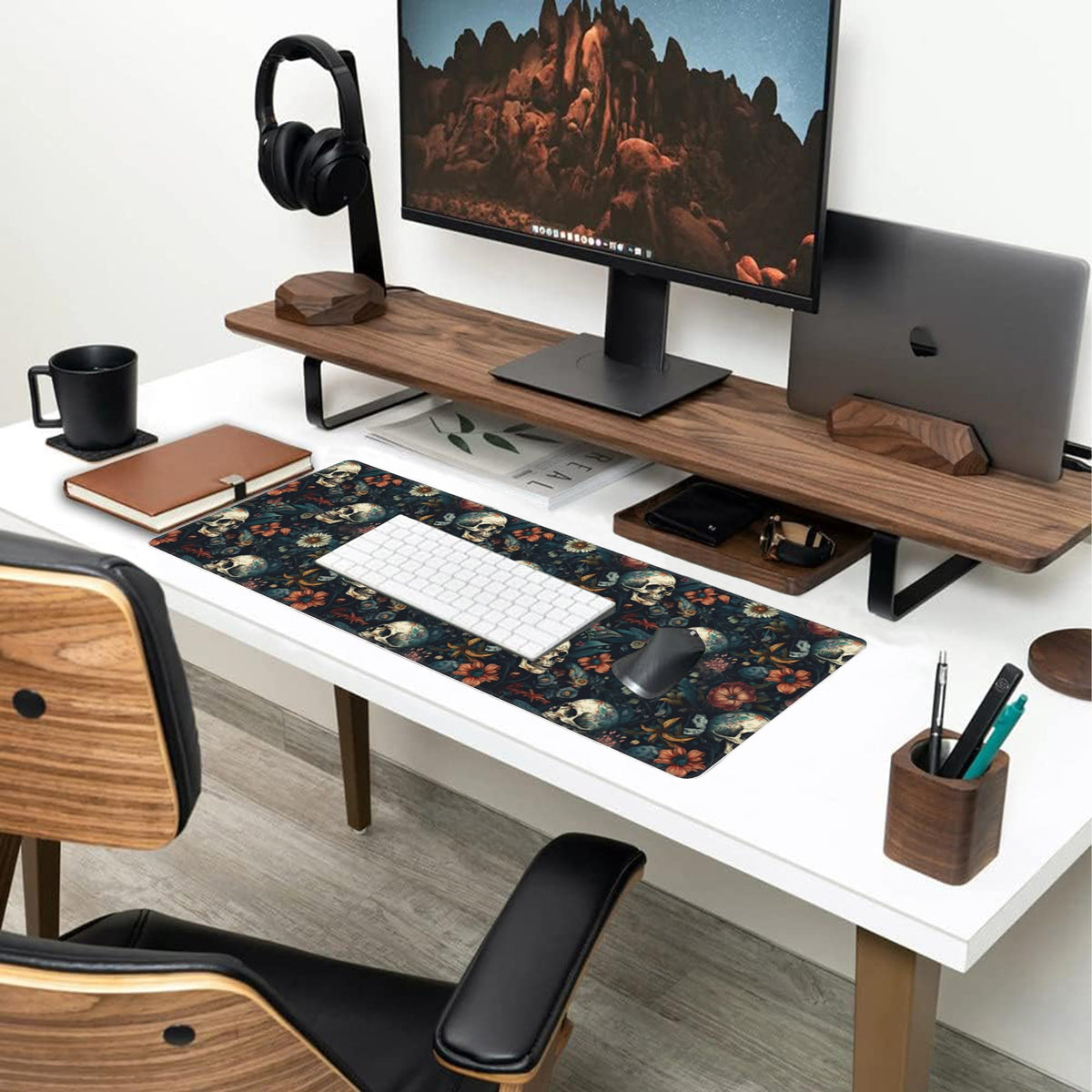 Desk Mat Skulls with Flowers Large Gaming Mouse Pad XL (11.8" x 31.5" / Skulls With Flowers)