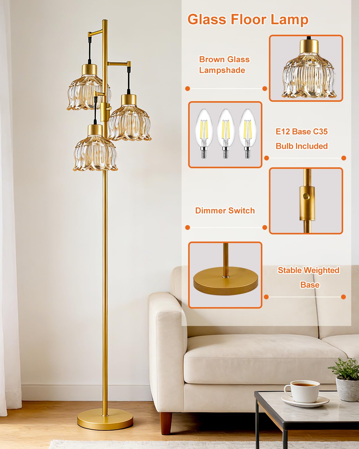 Floral Floor Lamp Dimmable Floor Flower Lamp Amber Glass Shade (3 Amber Cloche Hat-Gold)